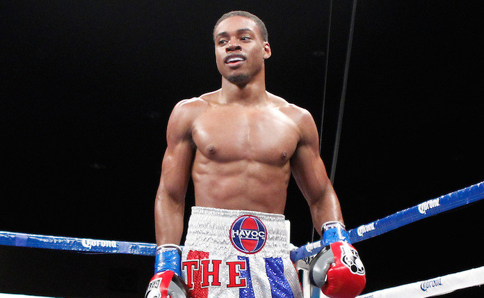 November 9, 2012 - Indio, CA; Errol Spence Jr and Jonathan Garcia trade punches during their bout on Showtime on November 9, 2012 at Fantasy Springs Resort & Casino in Indio, CA.